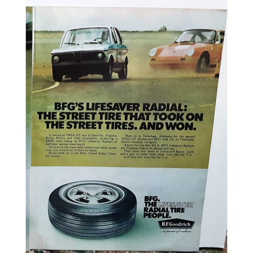 1971 BF Goodrich Tires Byron Morris Clint Abernethy BMW Race Original Print Ad